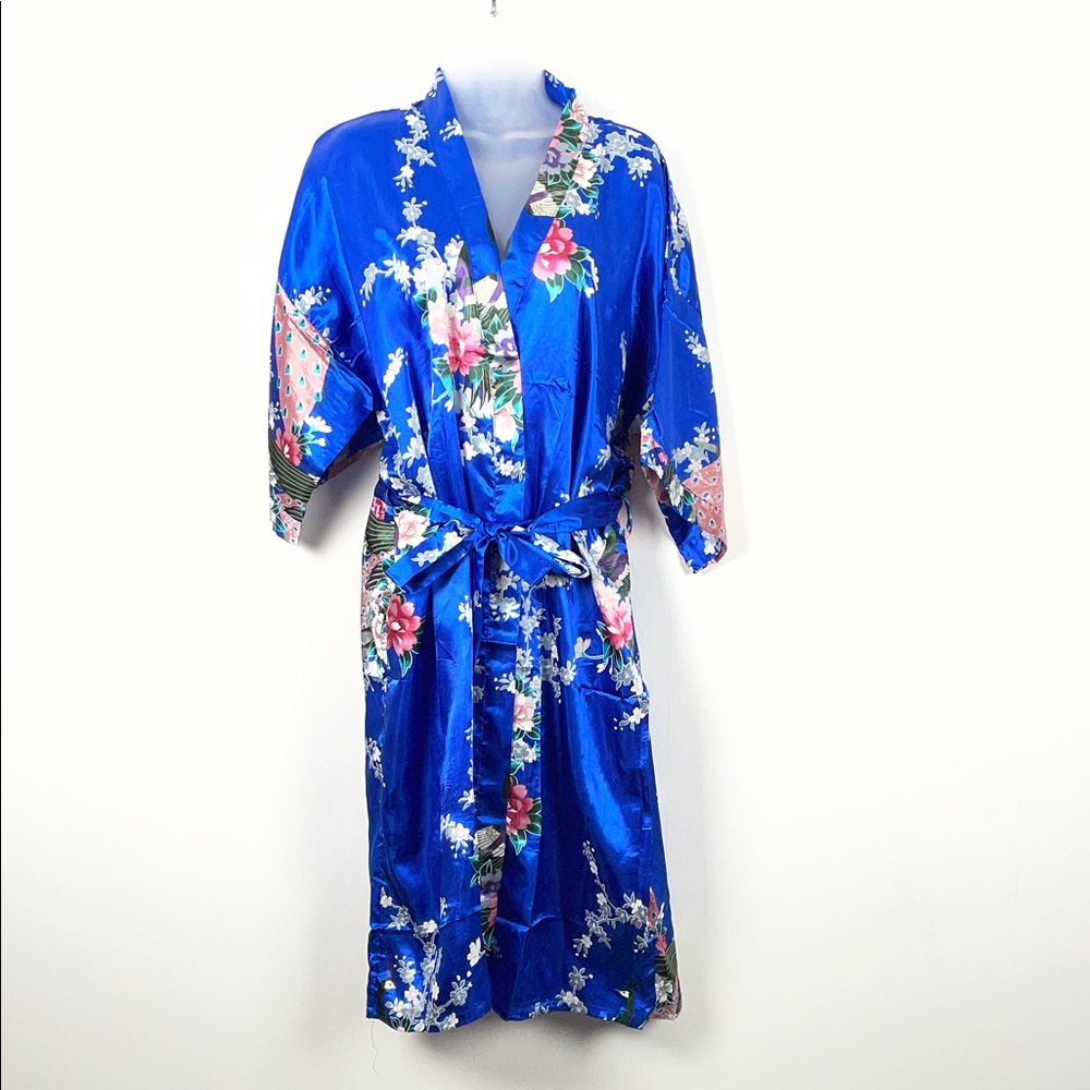 Sam Well Floral Satin Silky Peacock Belted Women's OSFM Kimono Lightwight Robe - Picture 2 of 10